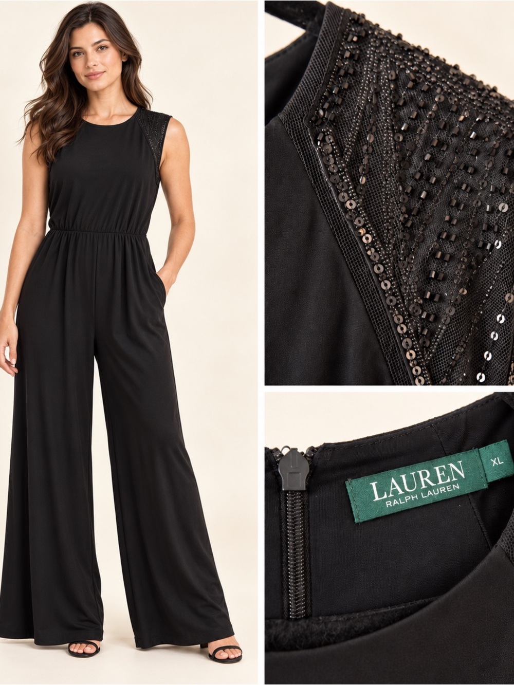 Lauren Ralph Lauren Black Beaded shoulder Jump Suit
